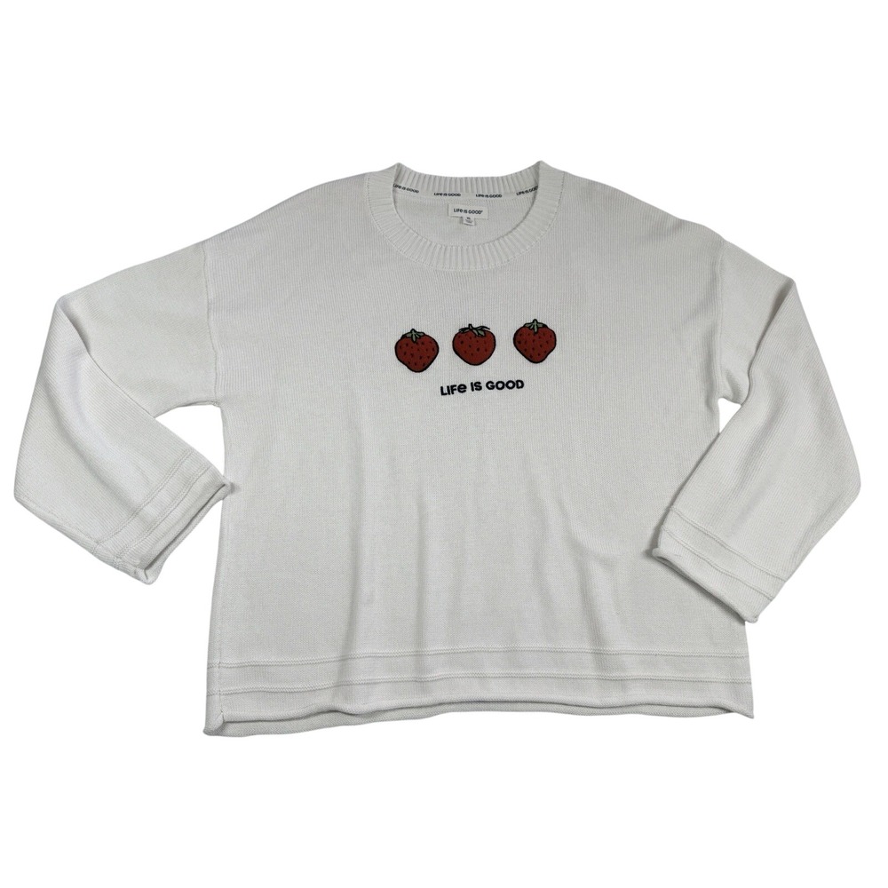 Life Is Good Strawberry Embroidered Sweater Sz XL Cream Long Sleeve Cottagecore